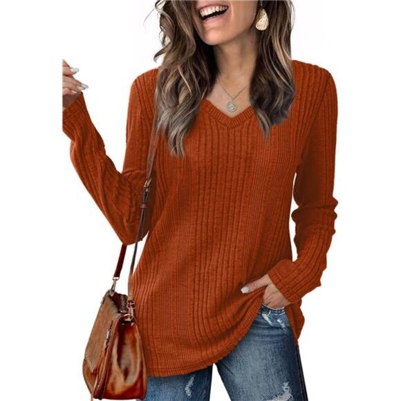 Women's Long Sleeve V-Neck Tops – Lightweight Fashion Tunic Sweaters - Picture 1 of 6
